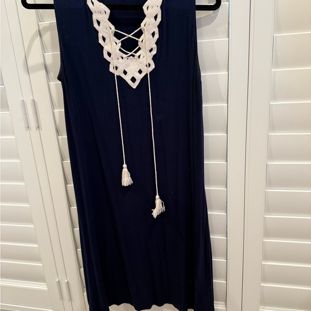 Max Studio Navy Dress with Cream Crochet Detail